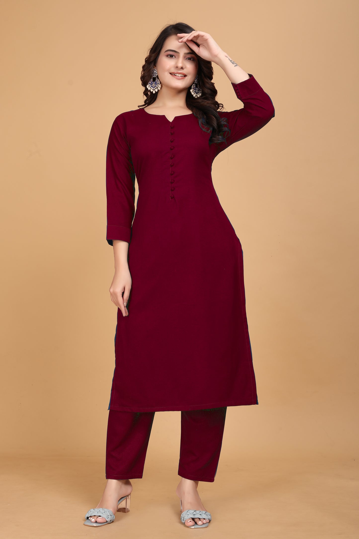 ROSHNI RAYON KURTI AND PANT SET MAROON