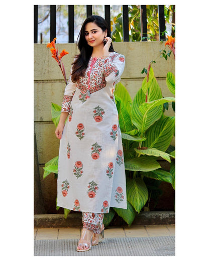 Women's Cotton Rayon Printed Krti Whit Pant And Dupatta Set Hirva White