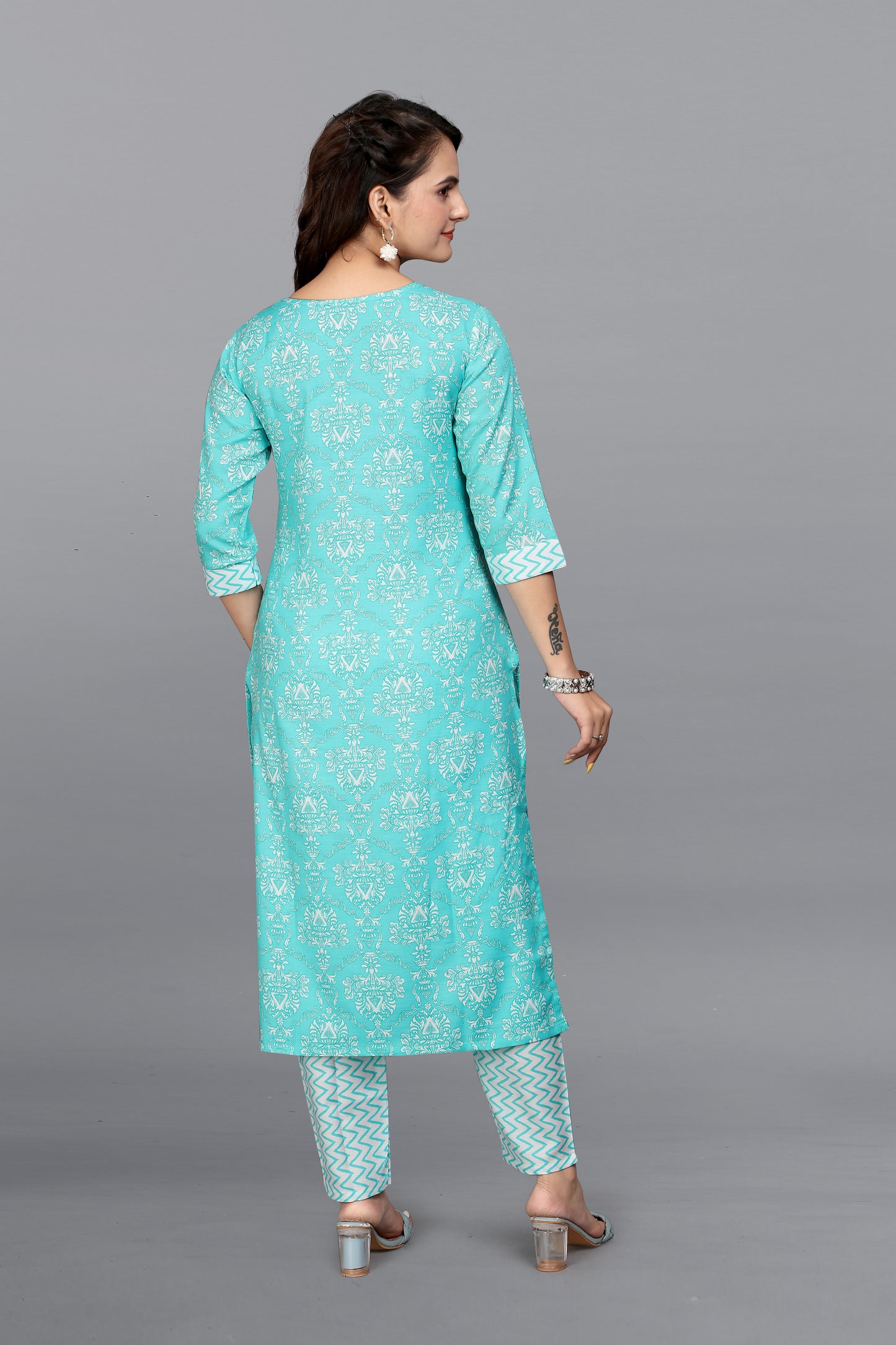 VANSHITA PRINTED KURTI AND PANT SET SKY BLUE