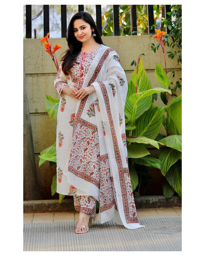 Women's Cotton Rayon Printed Krti Whit Pant And Dupatta Set Hirva White