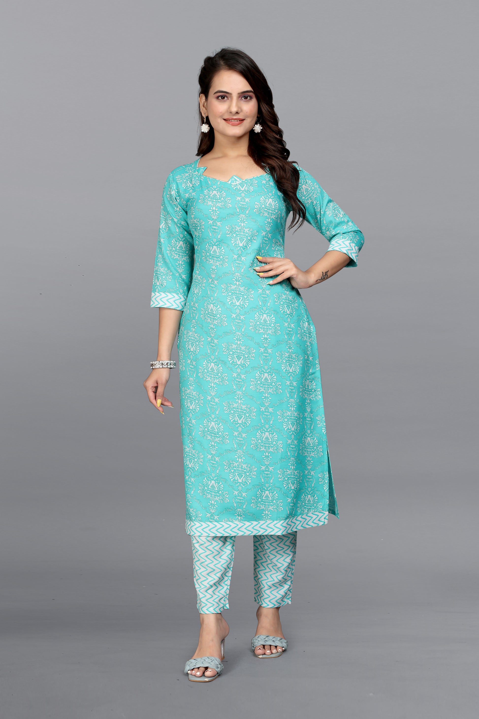 VANSHITA PRINTED KURTI AND PANT SET SKY BLUE