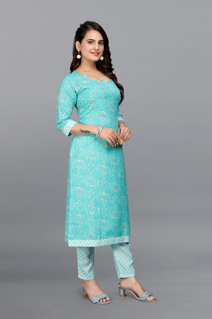 VANSHITA PRINTED KURTI AND PANT SET SKY BLUE