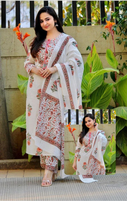 Women's Cotton Rayon Printed Krti Whit Pant And Dupatta Set Hirva White